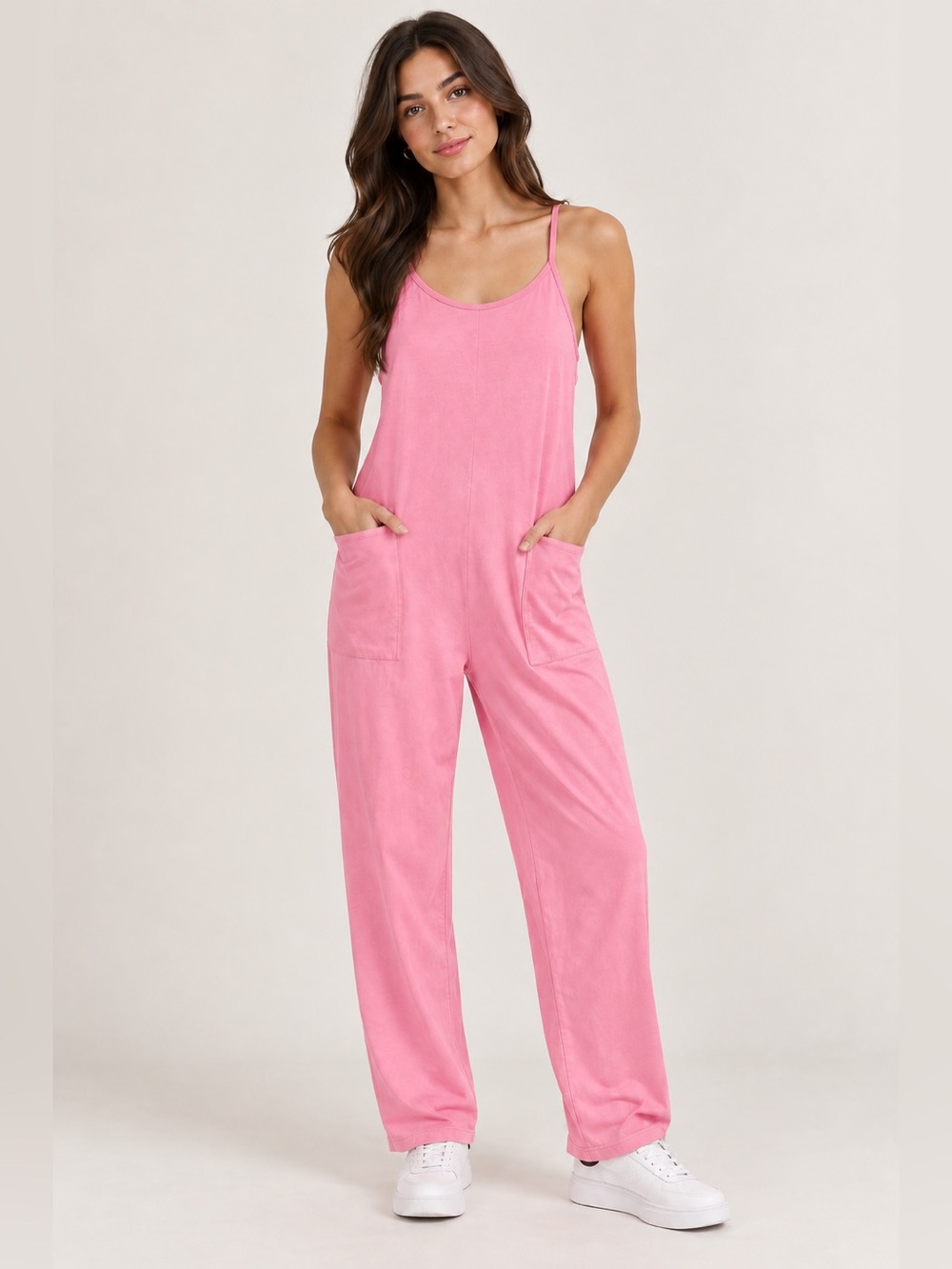 Pink Sleeveless Jumpsuit Size Small Spaghetti Strap Pockets